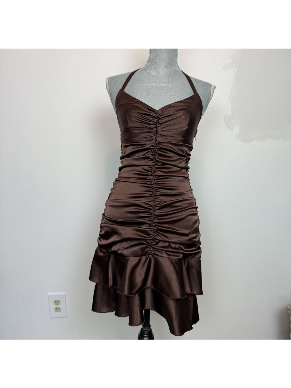 Vintage y2k 90s Jessica Mcclintock ruched satin halter neck mini dress sz 4